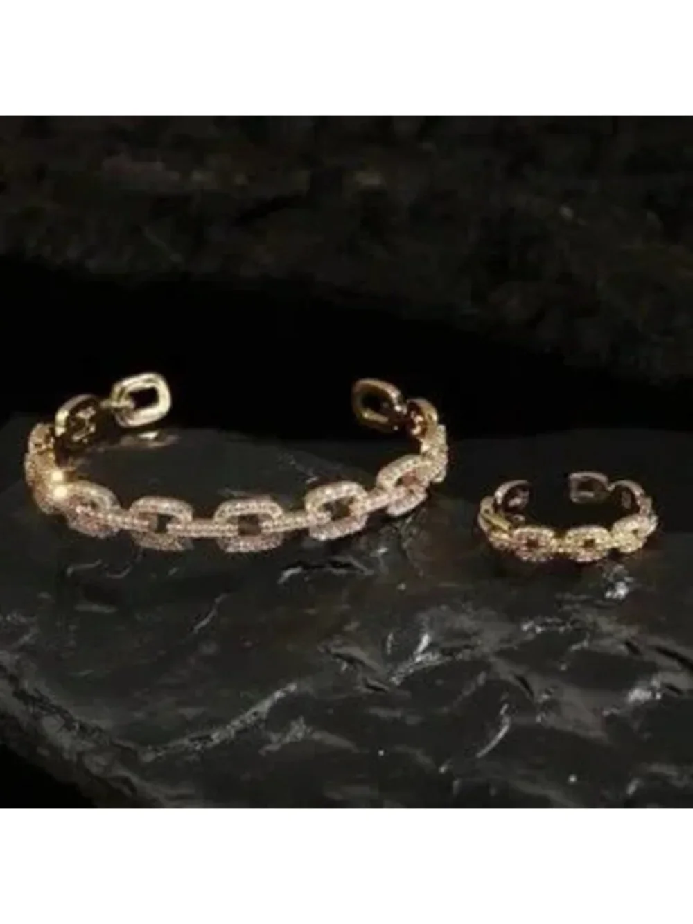 18K Gold Plated CZ Link Bracelet Ring Set C Adjustable